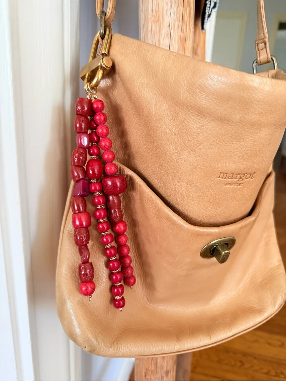 Free People Prismatic Beaded Bag Charm Keychain Red Semi Precious & Brass Clasp
